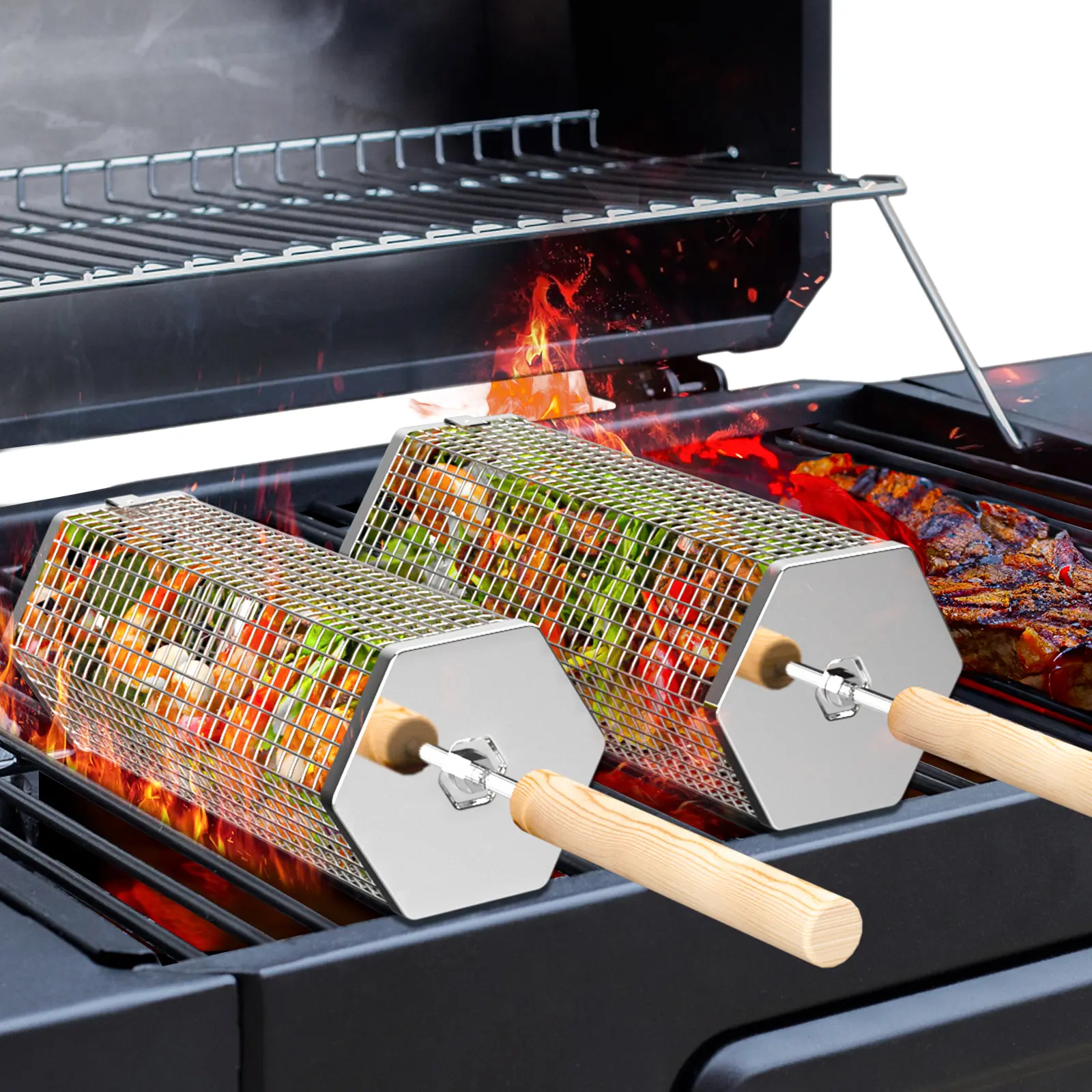 ivtivfu Rolling Grill Baskets (2PCS), Removable Wooden Handle, Nesting Design, 304 Stainless Steel, Heavy Duty Grilling Cage Net, BBQ Accessories Tools for Vegetable Shrimp, Outdoor Camping Kitchen, Backyard Cooking, Birthday Gifts for Men Dad Husband