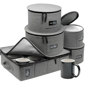 Sorbus 5-Piece Dinnerware Storage Set - Gray, Service for 12, Round Plates, Glassware Protection Boxes Organiser