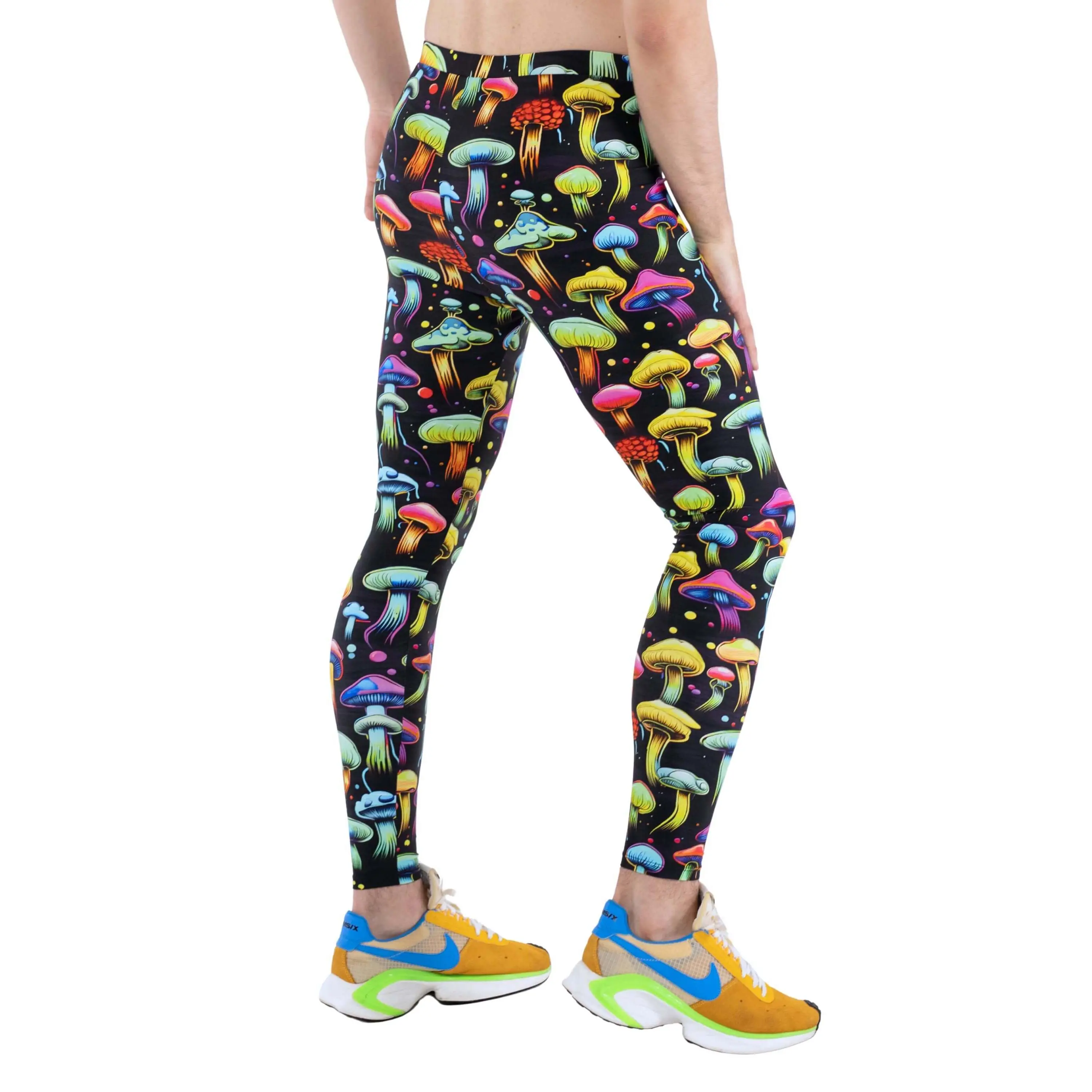 Kapow Meggings Psychedelica Multicolour Mushroom Print Men’s Leggings Breathable 4-Way Stretch for Gym, Yoga, Festival & Workout Activewear