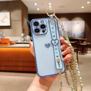 Heart Pattern Phone Case with Chain & Wristband, Fashion Phone Protective Case, Phone Accessories Compatible with iPhone 11 12 13 14 15 16 Pro Max