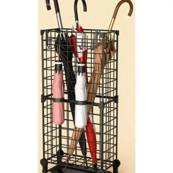 High-Quality Metal Floor Umbrella Stand, Durable Freestanding Square Frame Organizer with Removable Tray, Hanging Hooks & Waterproof Entryway Storage for 6-8 Large Umbrellas, Black, Hollow, 11.81"(L) X 5.74" (W) X 25.19"(L)