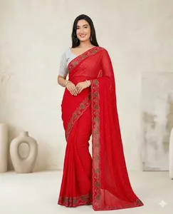 Pre-Pleated Rani & Red Saree with Zarkan Work – Fully Stitched Blouse