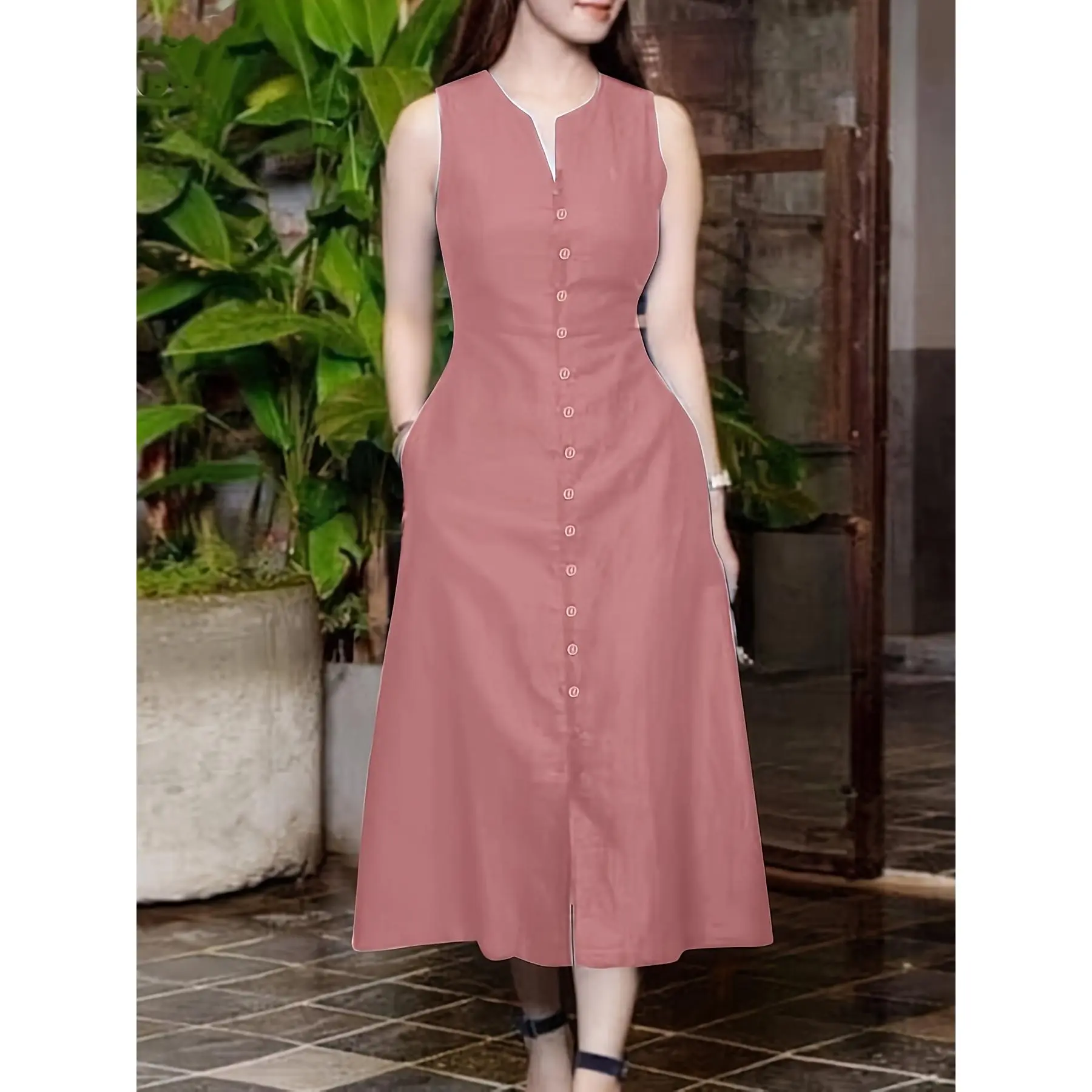 Elegant Sleeveless Dress - Solid Color, V-Neck Design, Button Detail, Loose Casual Fit, Polyester, Summer, Pocketed, Korean Style Vacation Streetwear