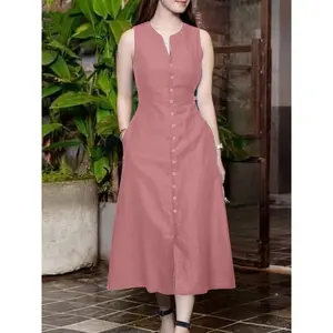 Elegant Sleeveless Dress - Solid Color, V-Neck Design, Button Detail, Loose Casual Fit, Polyester, Summer, Pocketed, Korean Style Vacation Streetwear