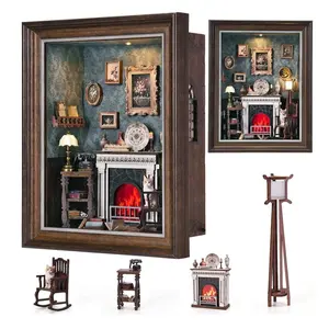 Book Nook Kit,3D Wooden Puzzle with LED Switch Control & Wall-Mountable Frame,DIY Miniature House for Beginners，Bookshelf/Tabletop/Wall Decor for Craft Lovers,Dollhouse Gift,Fireplace, Miniature Furniture