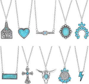 FUNRUN 10Pcs Boho Turquoise Pendant Necklaces for Women  Cow Tag Lightning Bolt Horseshoe Bar Cowgirl Jewelry Set Turquoise Jewelry Western Necklace