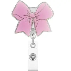 Pink Bow Badge Reel for ID Card Badge,Retractable Badge Holder Alligator Clip Accessories for Nurse,Medical Worker,Nursing Student,Teacher