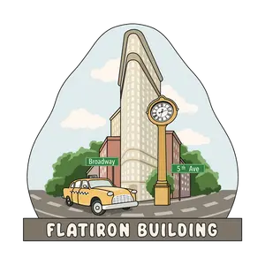 Flatiron Building 3D Wooden Souvenir Magnet NYC Iconic Triangular Skyscraper Yellow Taxi Vintage Street Clock Broadway 5th Avenue Signs Durable Finish