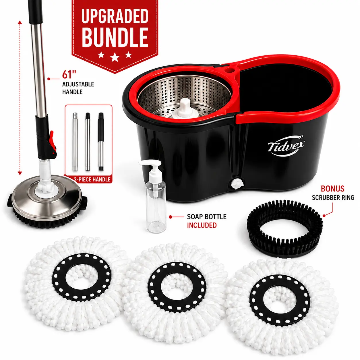 360° Spin Mop Bucket System by Tidvex, 61-Inch Adjustable 3-Piece Stainless Steel Handle, 3 Washable Microfiber Heads, Bonus Scrubber Ring and Soap Bottle for Home Floor Cleaning
