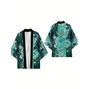 Men's Chinese Style Dragon Pattern And Chinese Character Print "BLUE DRAGON" Shirt With Three-quarter Sleeve And Open Placket, Novel And Stylish Tops For Summer Leisurewear