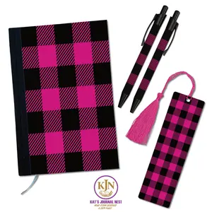Hide & Hue Black Buffalo Plaid Fabric Hardcover Journal Essentials Bundle – Monogram Personalized Notebook with Pens & Bookmark Kat’s Journal Nest