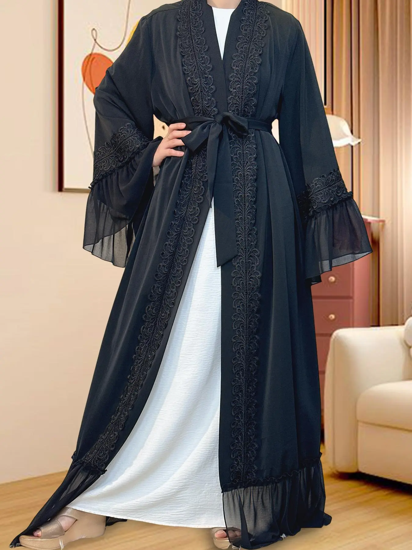 Women's Floral Lace Open Front Abaya Outer Robe, Elegant Long Sleeve Outerwear for Daily Wear, Ladies Clothes for All Seasons, Islamic Modesty Clothes