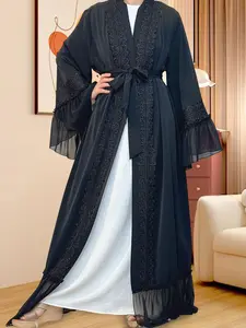 Women's Floral Lace Open Front Abaya, Elegant Long Sleeve Outerwear for Daily Wear, Ladies Clothes for All Seasons