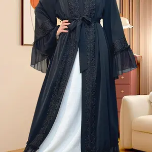 Women's Floral Lace Open Front Abaya, Elegant Long Sleeve Outerwear for Daily Wear, Ladies Clothes for All Seasons