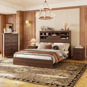 4PCS Bedroom Sets, Wooden Queen Size Bed Frame with Storage Headboard and Charging Station, 2 Nightstands with 2 Drawers, 1 Dresser with 5 Drawers, Walnut