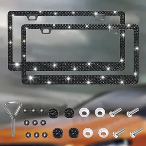 2pcs American Rhinestone Stainless Steel Square Car License Plate Frame, Car Accessories, Blingbling Design, Durable & Stylish, Perfect for Vehicles