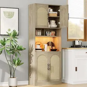 71" Tall Pantry Cabinet with Countertop, Kitchen Cabinets with LED Light Strip & Microwave Shelf, Kitchen Hutch Storage Cabinet with Adjustable Shelves for Dining Room, Oak