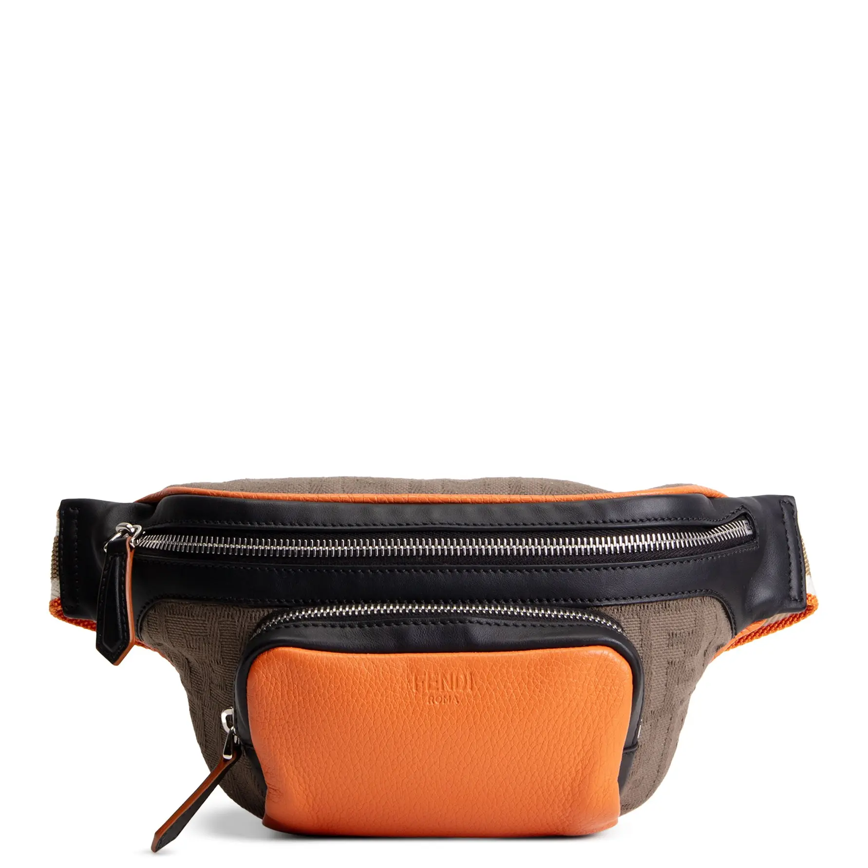 Pre-owned FENDI FF Canvas with Smooth & Pebbled Orange Leather Accents Belt Bags 1974 Pocket Belt Bag