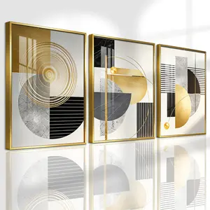 3 Counts Aluminum Alloy Framed Painting, Geometric Gold And Black Abstract Artwork, Modern Abstract Design, Home Wall Decor For Living Room, Bedroom, Modern Home Decoration, Odorless Print Artwork, Perfect Gift For Friends And Family