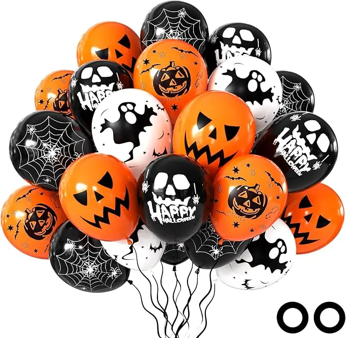 Halloween Balloons Decorations 50 PCS 12 Inch Halloween Latex Balloons Black White Orange Balloons with Pumpkin Spider Web & Ghost Print for Halloween Party Decorations Spooky Birthday Indoor & Outdoor Decor