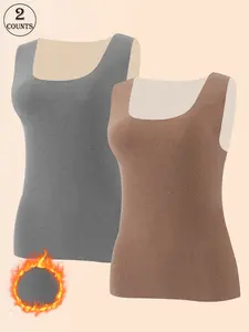 2 Pack Fall & Winter Fleece Thickened Solid Color Women's Sports Vest Seamless Slim Fit Design Skin-friendly, Soft, Breathable, Warm Material Suitable for gym training, outdoor running and daily commuting Multi-scene base top Yoga Workout Vest