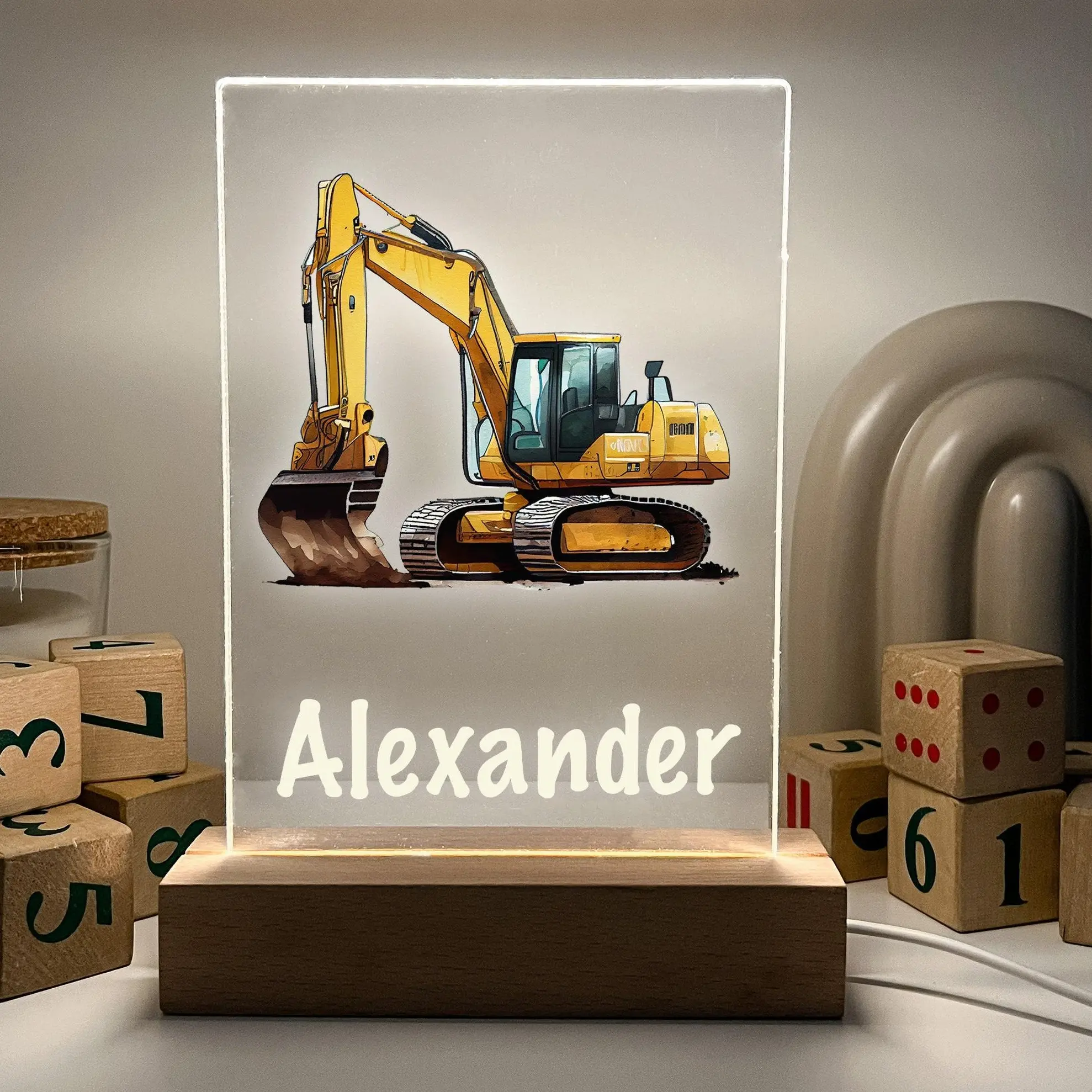 Personalized Excavator Display Stand – Custom Name Construction Truck Acrylic Sign, Kids Room Décor, Wood Base Desk Display, Boys Gift, Digger Night Display
