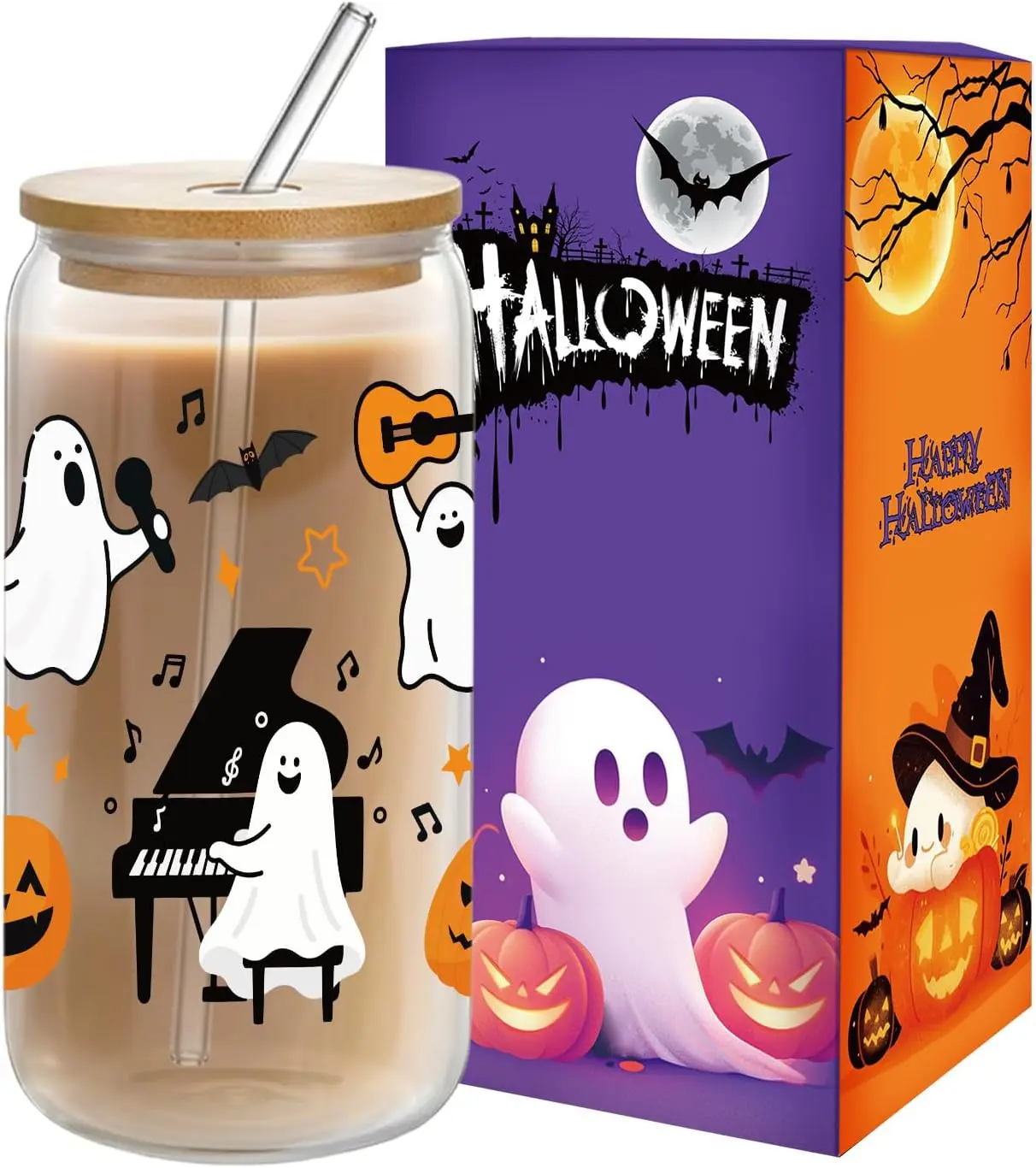 Cute Spooky 16 oz Glass Tumbler with Lid & Straw - Ghost, Bat, Pumpkin Design Halloween Fall Gift Cup for Women, Ideal for Iced Coffee (Spooky Activities), 16 Oz Cups