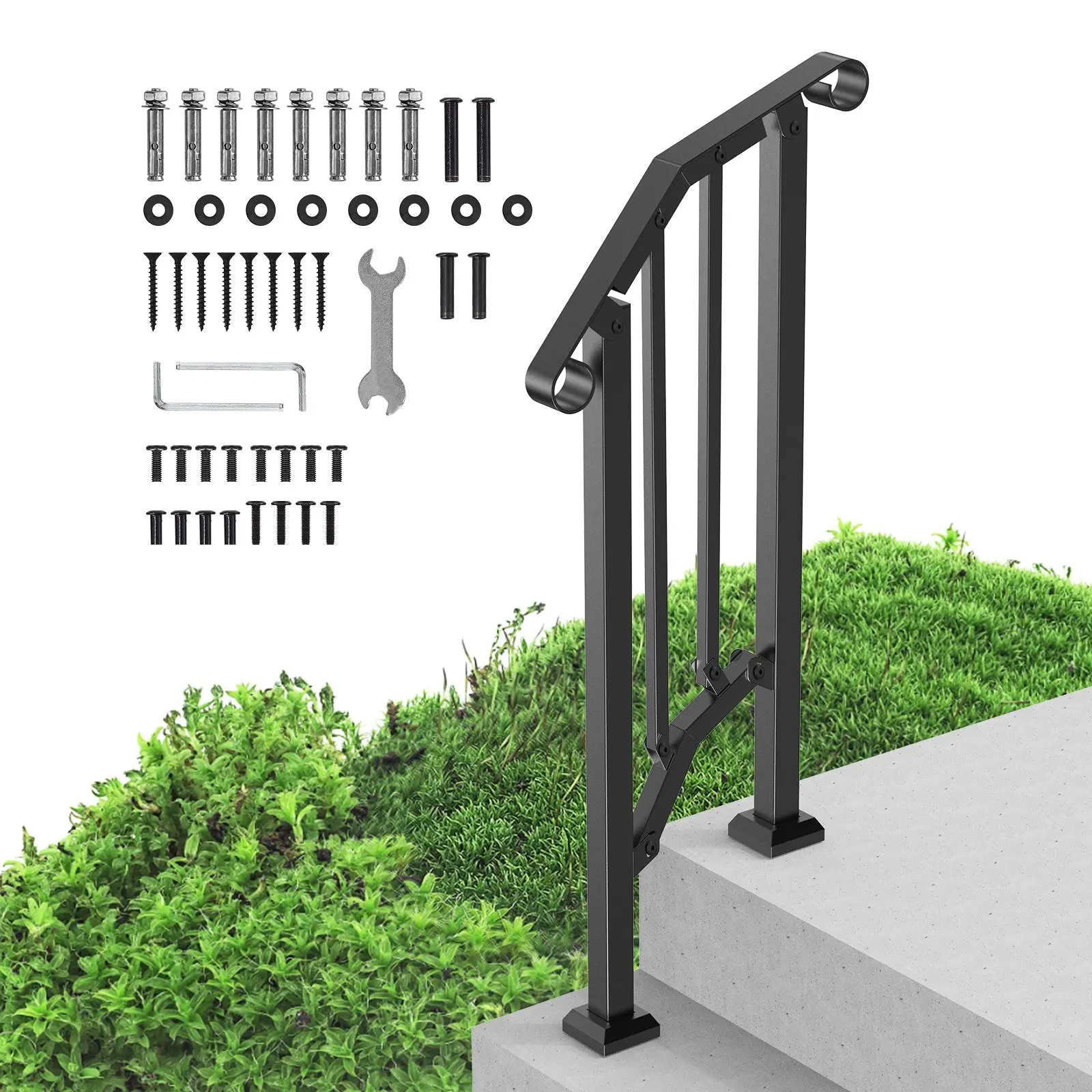 【summerfinds】VEVOR Handrails for Outdoor Steps, 1-2 Step Stair Hand Rail Kit, Transitional Carbon Steel Railings with Installation Kit, Stair Rails for Seniors, Concrete Steps & Porch & Deck, Black Retro Arch
