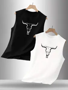 Summer Men's Casual Sleeveless Vest, Unique Bull Head Graphic Print, Outdoor Sports Wear, Daily Versatile, 2 Pack, Fitted Style