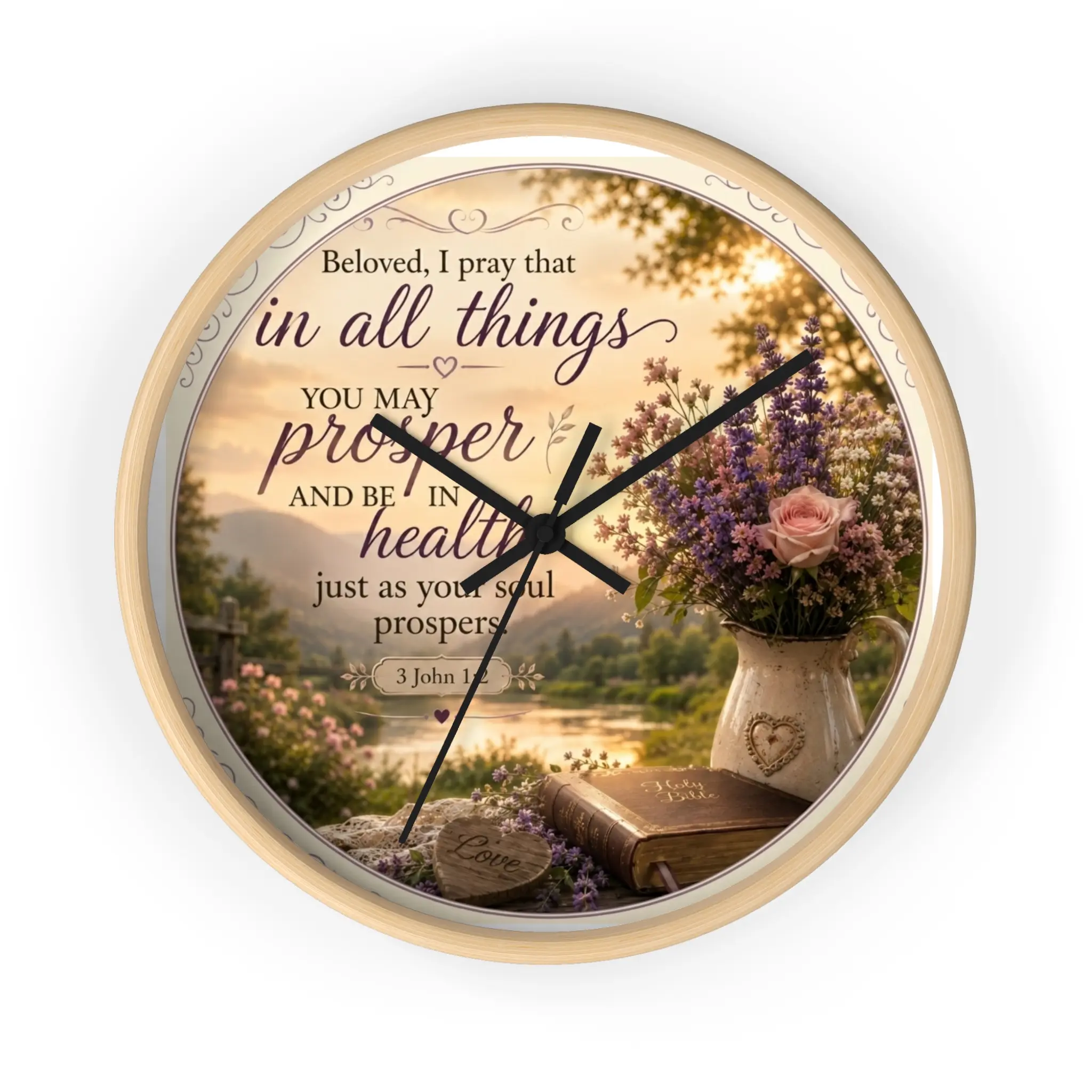 3 John 1:2 Bible Verse Floral Wall Clock | Inspirational Scripture Home Decor