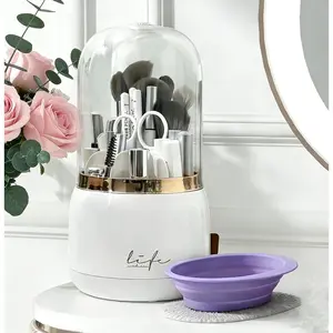 360 Rotating Makeup Brush Holder with Lid Clear  Make Up Organizers for  Countertop Includes a Foldable Bowl for Cleaning Makeup Brush Transparent  (White)