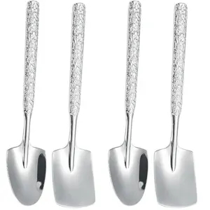 4pcs Stainless Steel Shovel Spoons Set with Hammered Finish Multipurpose Dessert Serving Utensils for Ice Cream Pudding Yogurt Cake Coffee Metal Cutlery Tableware Kitchenware