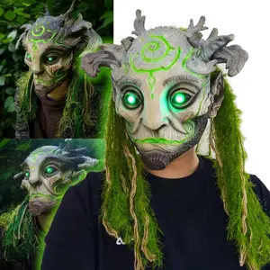 LED Scary Forest Spirit Green Elf Old Man Mask, Realistic Latex Horror Headdress with Creepy Demon Tree Ghost Effect, Halloween Cosplay Costume Party Carnival Prop Adjustable Waist Tightener Clip confetti eggs