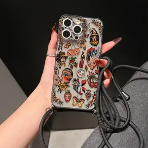 Convenient Lanyard Phone Case Cover with Adjustable Strap and Crossbody Shoulder Strap, Retro Patchwork Design, Tpu Anti-Drop Shockproof Protection for iPhone, Accessories
