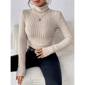 Women's Elegant Turtle Neck Slim Sweater, Long Sleeve Fall Winter Solid Color Knitwear Collar Fabric Tops Womenswear