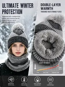 Autumn Winter Fuzzy Ball Knit Hat Set, Warm Neck Protector, Plaid Pattern, Soft Lining, Ideal for Parties, Skiing, Daily Use