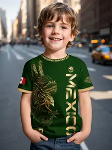 Mexican Aztec Eagle Print Kids T-Shirt, Boy Summer Graphic Short Sleeve Top, Casual Slim-Fitting Clothing, Mexico Theme Apparel