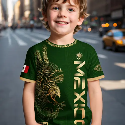 Mexican Aztec Eagle Print Kids T-Shirt, Summer Graphic Short Sleeve Top for Boys, Casual Slim-Fitting Clothing, Mexico Theme Apparel, Graphic Tees, Graphic Printed Shirt