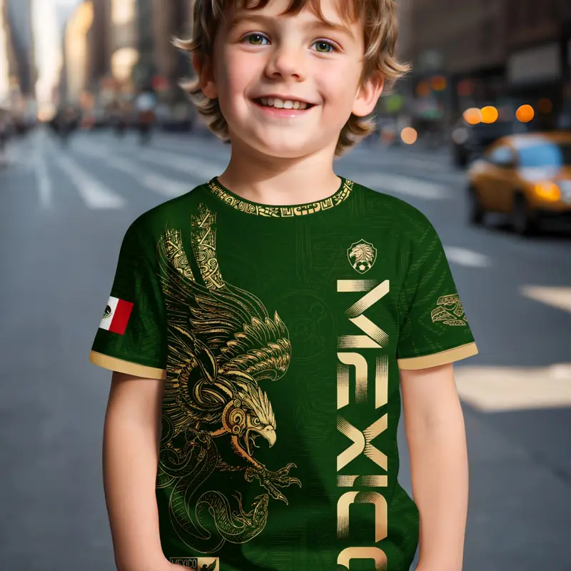 Mexican Aztec Eagle Print Kids T-Shirt, Summer Graphic Short Sleeve Top for Boys, Casual Slim-Fitting Clothing, Mexico Theme Apparel, Graphic Tees, Graphic Printed Shirt