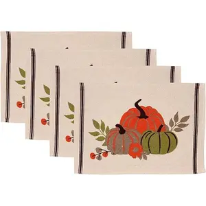 Colorful Pumpkin with Flower, Set of 4, Cotton Placemats for Fall, Thanksgiving Kitchen Dining Table Easy to Clean, Machine Washable, Size: 13” x 19”.