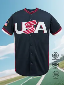 USA Themed Embroidered Baseball Jersey for Men, Breathable Wicking Button Down Shirt, Elastic Sports Uniform for Game Day 2026