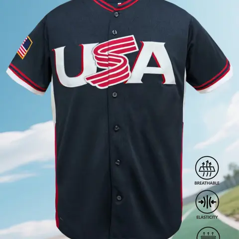 USA Themed Embroidered Baseball Jersey for Men, Breathable Wicking Button Down Shirt, Elastic Sports Uniform for Game Day 2026, Sports Top, Sports Clothing