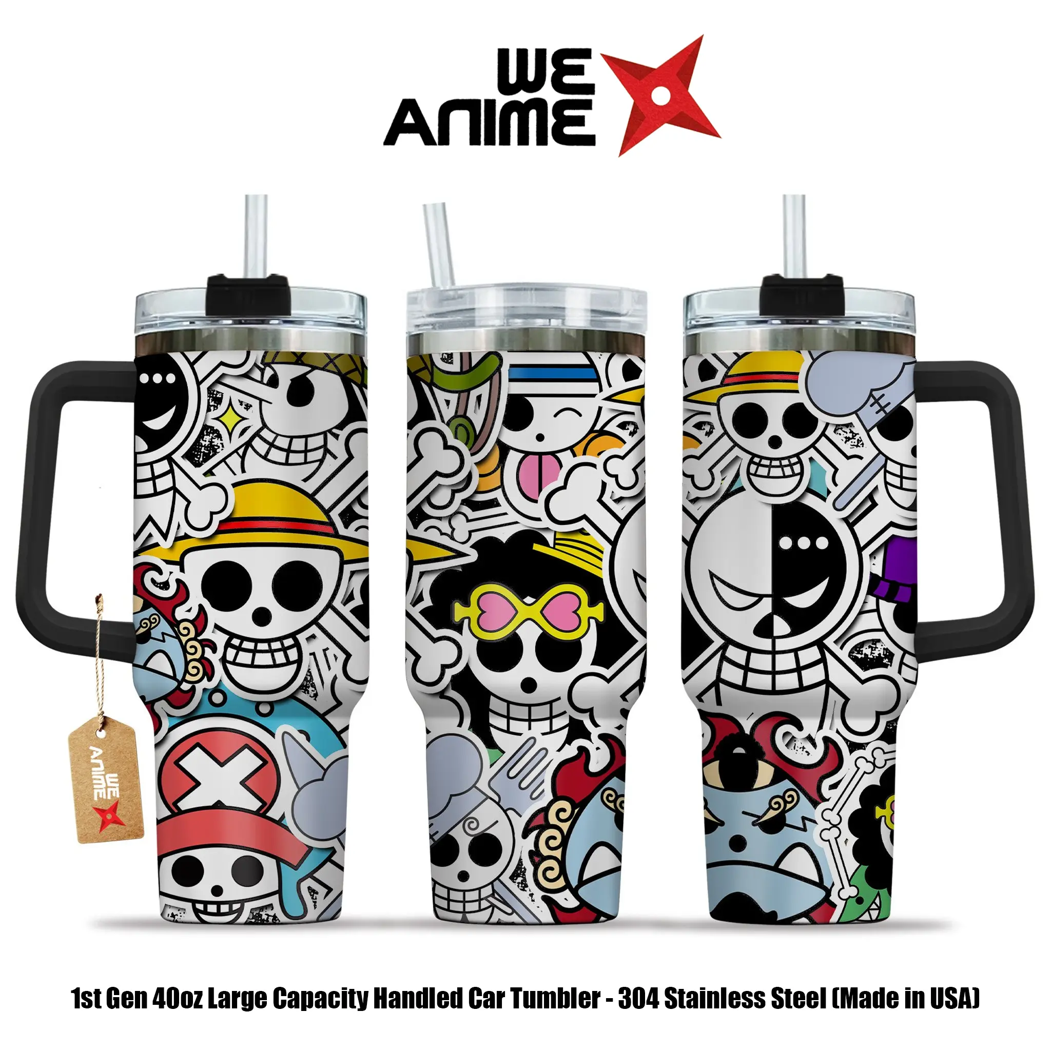 WEXANIME Personalized Straw Hat Pirates 40oz Stainless Steel Tumbler with Handle and Straw, Double-Wall Vacuum Insulated Car Cup, Large Capacity Travel Mug, Gift for Anime Fans
