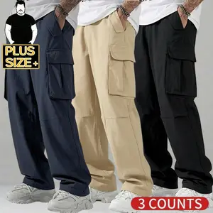 [Plus Size] Men's 3-Pack Cargo Pants – Dark Grey, Khaki & Black Multi-Pocket Tactical Trousers with Zippered Pockets, Loose Fit Work Pants for Big & Tall Men (2XL-6XL)
