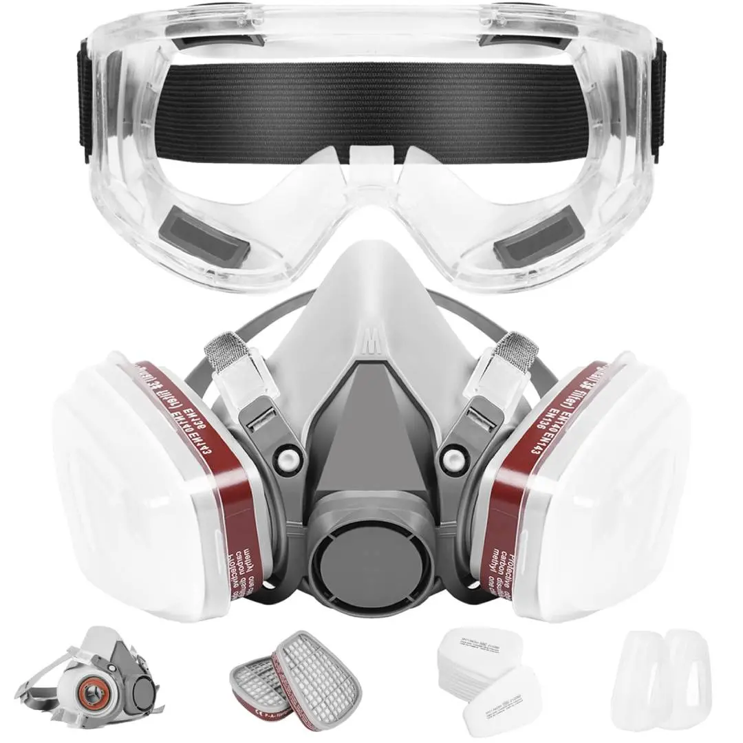 Eccosafe Professional Reusable Half-Face Respirator Masks with Activated Carbon Filter, Comfortable Silicone Seal, Goggles, Construction Gloves for Paint Dust, Chemical Exposure