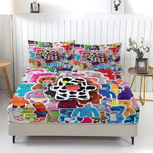 FUGGLER Non Fading Fitted Sheet,Cute Tooth Monster Series Print,Including 1 Bed Sheet and 2 Pillowcases,Comfortable Bedding,Anti Slip Dust Cover Suitable for Bedroom or Guest Room Decoration