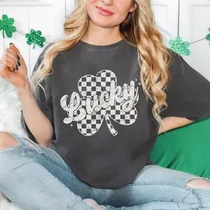 Lucky Checkerboard Shamrock Comfort Colors T-shirt | St. Patrick's Day Clover Tee
