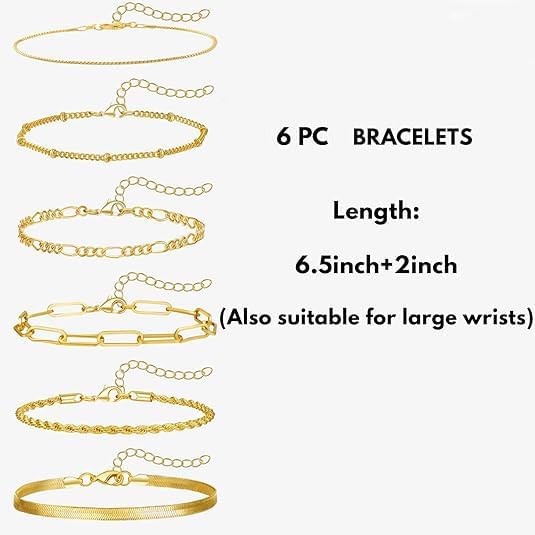 6PCS Elegant Thin Bracelet Set for Women, 14K Gold Plated Stackable Bracelets, Dainty Cuban Link Paperclip Chain Beaded Rope Bracelet, Waterproof Non Tarnish Fashion Jewelry, Trendy Gifts for Women & Teen Girls