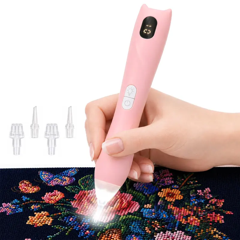 Electric Diamond Painting Pen with Light,Electric Diamond Art Painting Pen， Display Screen, Diamond Art Pen，3 Attachment Modes, Cat Ear Design - Unisex Adult DIY Craft Tool, Ideal Christmas ,Ergonomic,Nail art rhinestone tools