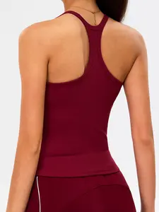 Women's Round Neck Halter Neck Backless Vest, Sleeveless Sports Top, T-Back Design with High-Stretch, Waist-Defining Round Neckline Removable Padded Cups Slim-Fit Knitted Ribbed Solid Colour Sports Vest Stretch Fabric Activewear